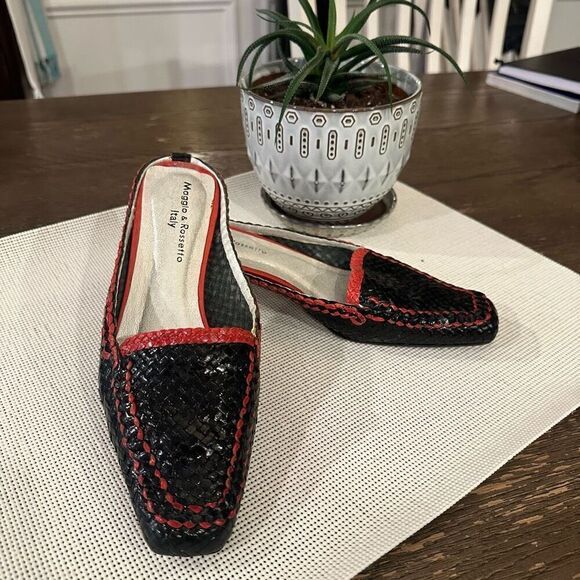 Maggio & Rossetto Italy Black HandWoven Leather Low Heel Mules Square‎ Toe 6M - Picture 1 of 8